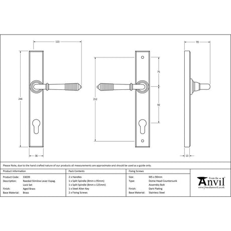 From The Anvil Door Furniture Aged Brass / Multi Point Lock Set / 92mm c/c From The Anvil - Aged Brass Reeded Slimline Lever Espag. Lock Set