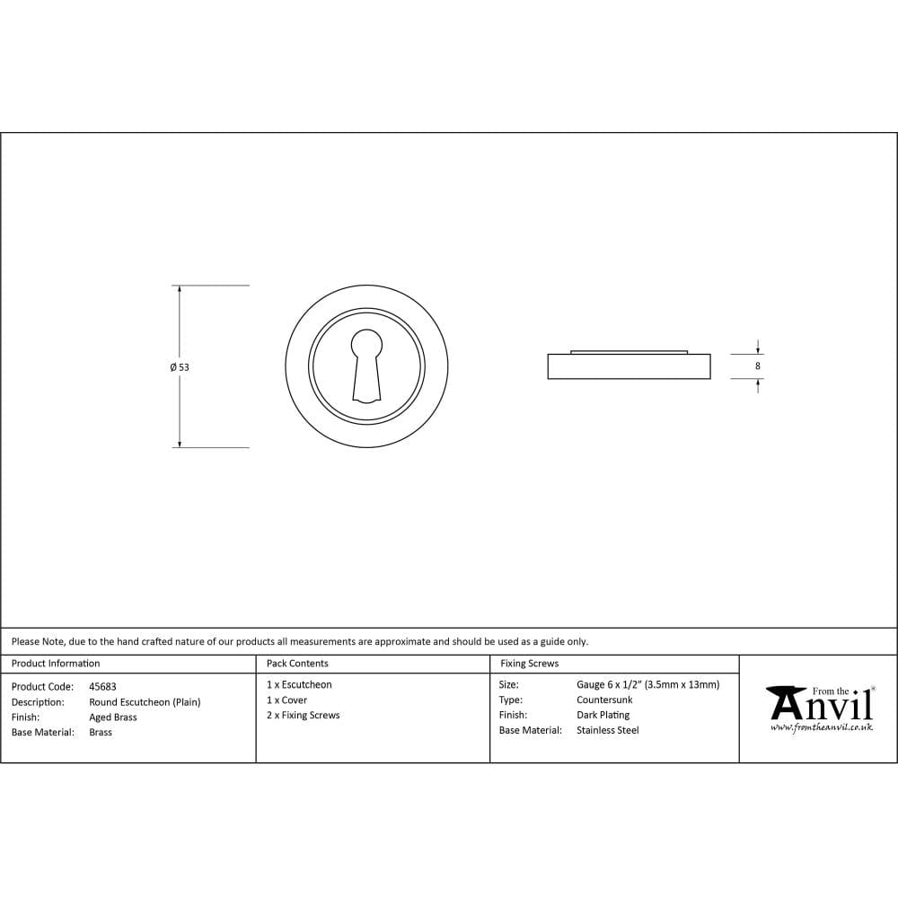 From The Anvil Door Furniture Aged Brass / Mortice Key Profile Escutcheons From The Anvil - Aged Brass Round Escutcheon (Plain)