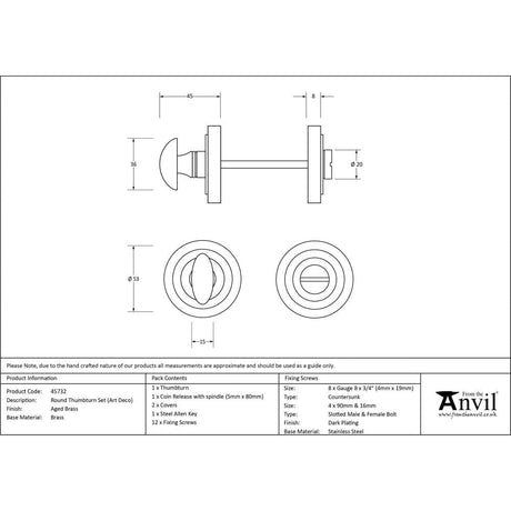 From The Anvil Door Furniture Aged Brass / No From The Anvil - Aged Brass Round Thumbturn Set (Art Deco)