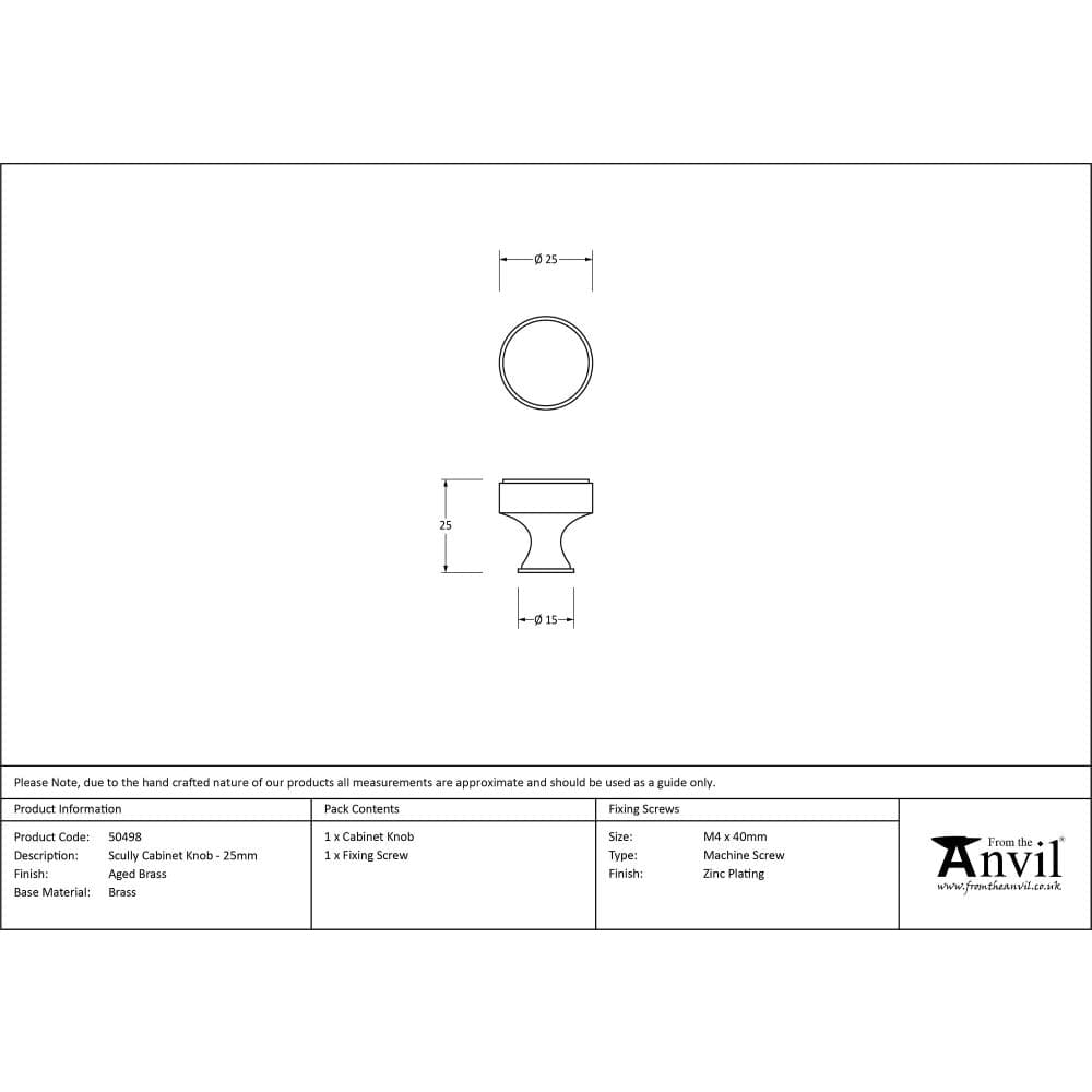 From The Anvil Cabinet Hardware Aged Brass / Cabinet Knobs / 25mm Dia. From The Anvil - Aged Brass Scully Cabinet Knob - 25mm