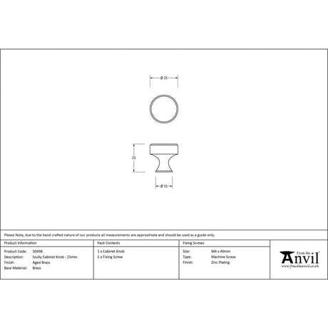 From The Anvil Cabinet Hardware Aged Brass / Cabinet Knobs / 25mm Dia. From The Anvil - Aged Brass Scully Cabinet Knob - 25mm