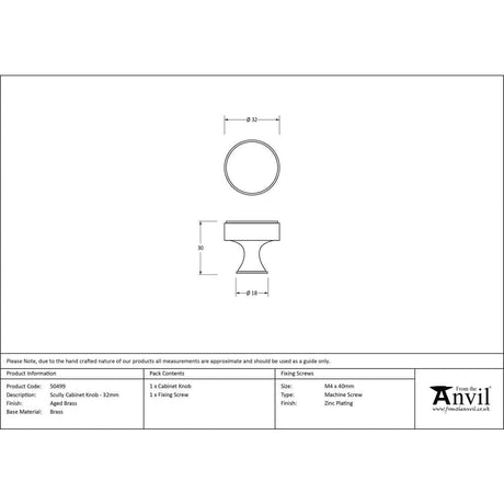 From The Anvil Cabinet Hardware Aged Brass / Cabinet Knobs / 32mm Dia. From The Anvil - Aged Brass Scully Cabinet Knob - 32mm