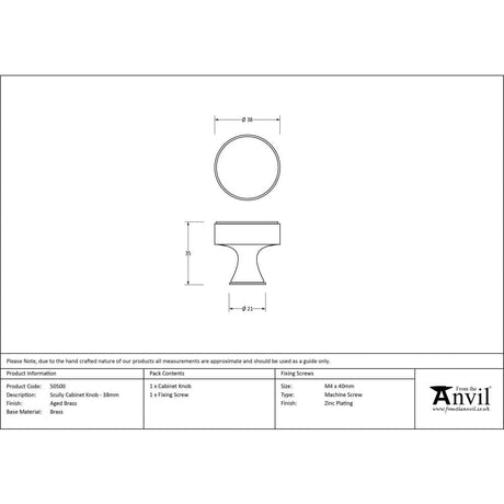 From The Anvil Cabinet Hardware Aged Brass / Cabinet Knobs / 38mm Dia. From The Anvil - Aged Brass Scully Cabinet Knob - 38mm