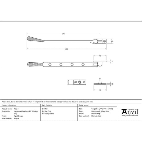 From The Anvil Window Furniture Aged Bronze / 10"/250mm From The Anvil - Aged Bronze 10" Hammered Newbury Stay