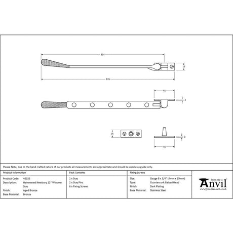 From The Anvil Window Furniture Aged Bronze / 12"/300mm From The Anvil - Aged Bronze 12" Hammered Newbury Stay