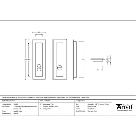 From The Anvil Door Furniture Aged Bronze / Rectangular Flush Pull (Privacy) / Rectangular From The Anvil - Aged Bronze 175mm Art Deco Rectangular Pull - Privacy Set