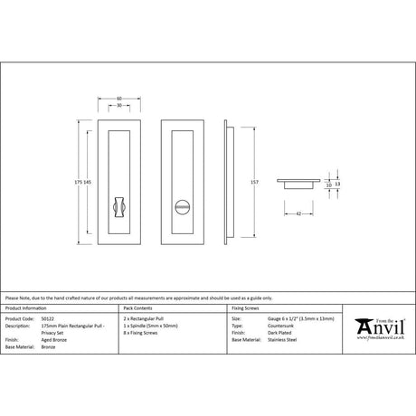 From The Anvil Door Furniture Aged Bronze / Rectangular Flush Pull (Privacy) / Rectangular From The Anvil - Aged Bronze 175mm Plain Rectangular Pull - Privacy Set