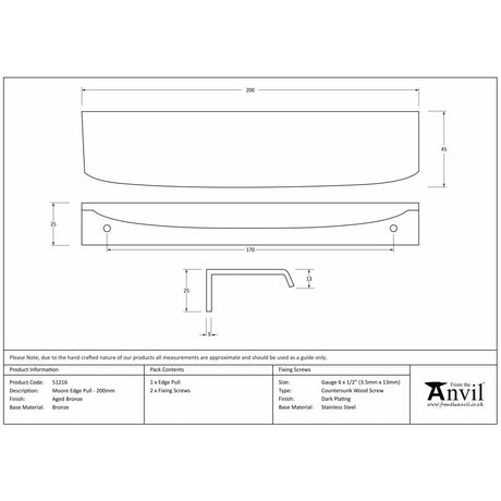 From The Anvil Cabinet Hardware Aged Bronze / Edge Pull / 200mm From The Anvil - Aged Bronze 200mm Moore Edge Pull