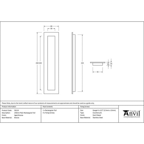From The Anvil Door Furniture Aged Bronze / Flush Handle / Rectangular From The Anvil - Aged Bronze 250mm Plain Rectangular Pull