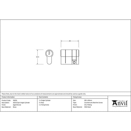 From The Anvil Locks & Latches Aged Bronze / Euro Cylinders Single / 30 x 10mm From The Anvil - Aged Bronze 30/10 5pin Single Cylinder