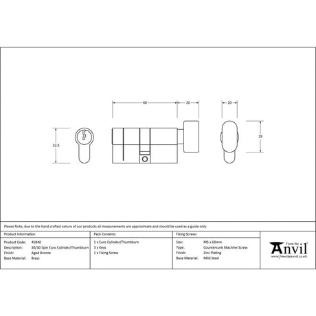 From The Anvil Locks & Latches Aged Bronze / Euro Cylinder & Turn / 30 x 30mm From The Anvil - Aged Bronze 30/30 5pin Euro Cylinder/Thumbturn