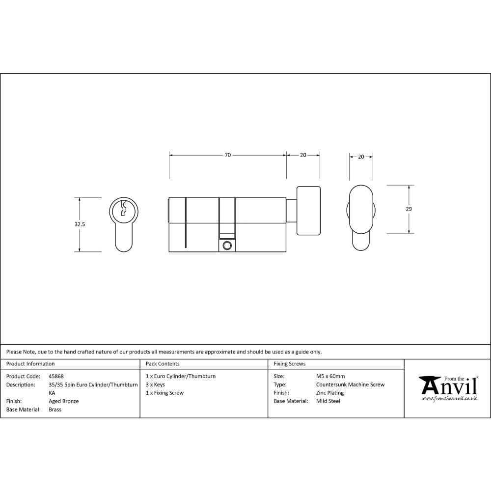 From The Anvil Locks & Latches Aged Bronze / Euro Cylinder & Turn / 35 x 35mm From The Anvil - Aged Bronze 35/35 5pin Euro Cylinder/Thumbturn KA