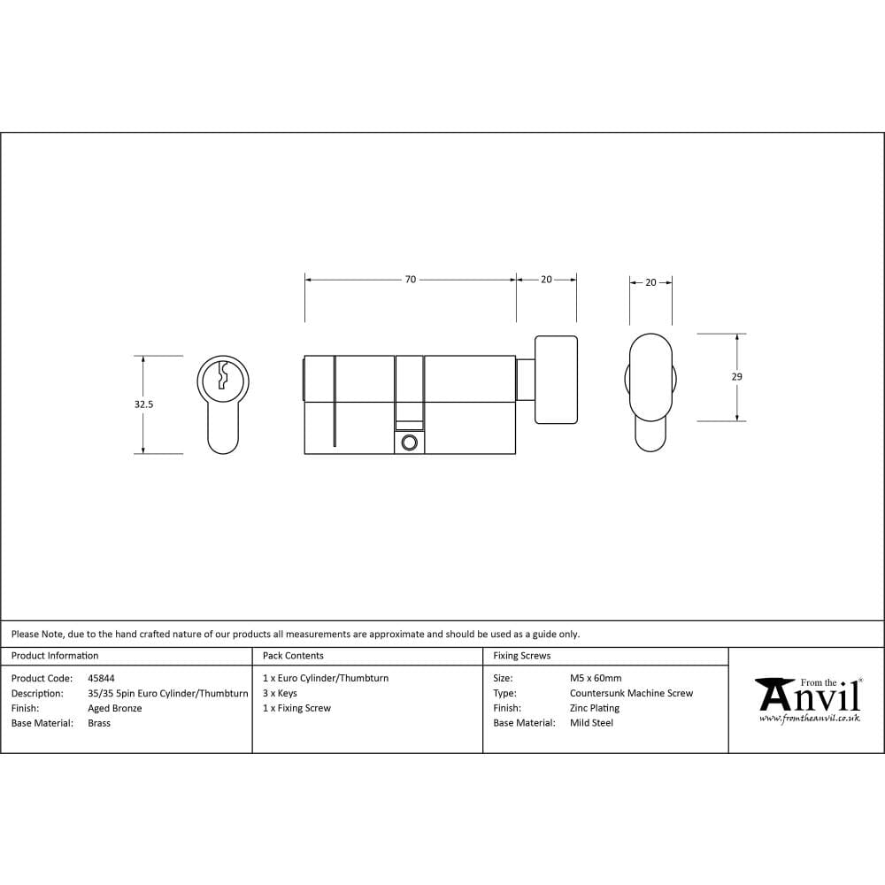 From The Anvil Locks & Latches Aged Bronze / Euro Cylinder & Turn / 35 x 35mm From The Anvil - Aged Bronze 35/35 5pin Euro Cylinder/Thumbturn
