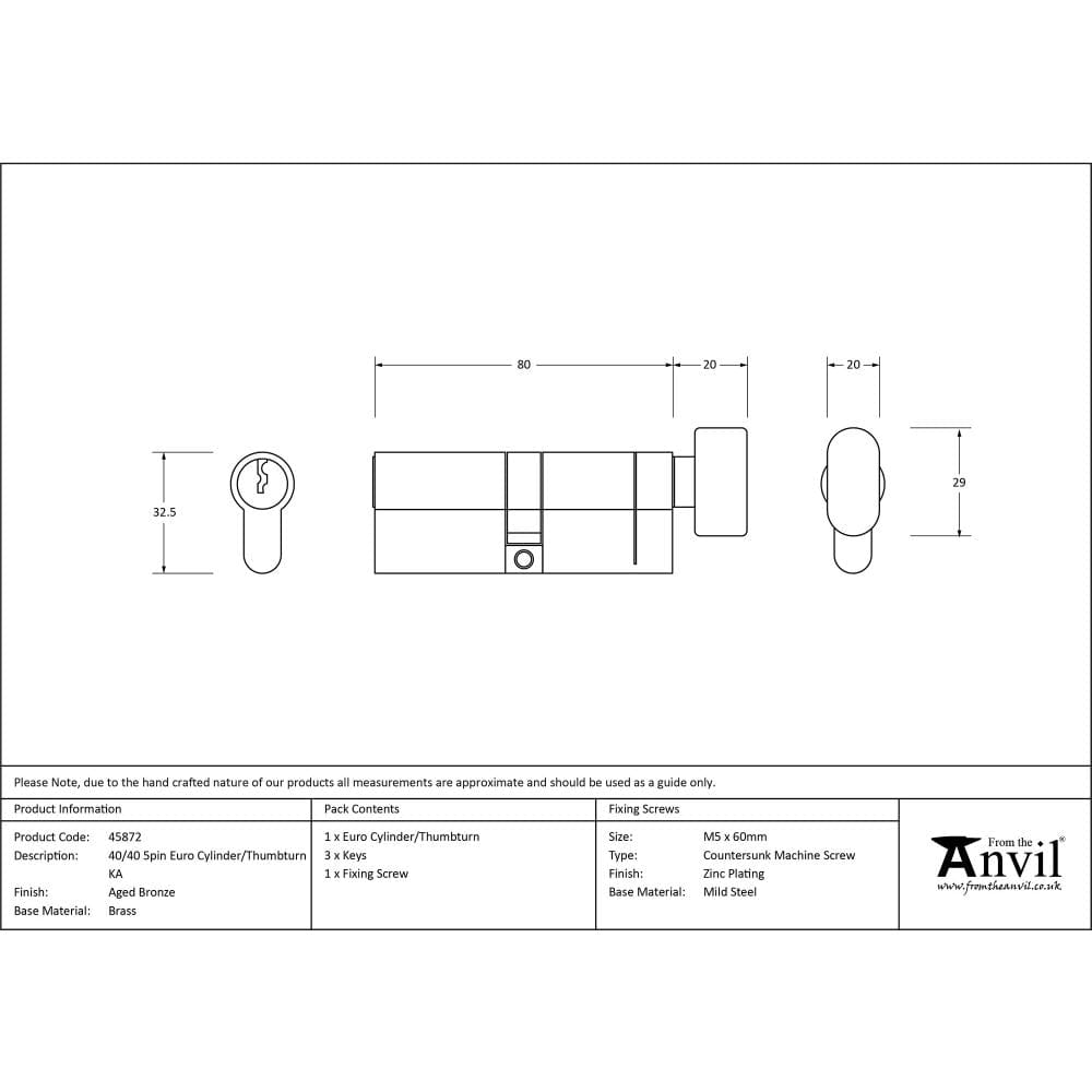 From The Anvil Locks & Latches Aged Bronze / Euro Cylinder & Turn / 40 x 40mm From The Anvil - Aged Bronze 40/40 5pin Euro Cylinder/Thumbturn KA
