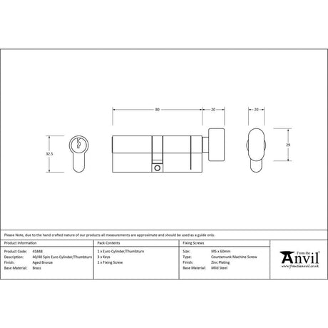 From The Anvil Locks & Latches Aged Bronze / Euro Cylinder & Turn / 40 x 40mm From The Anvil - Aged Bronze 40/40 5pin Euro Cylinder/Thumbturn