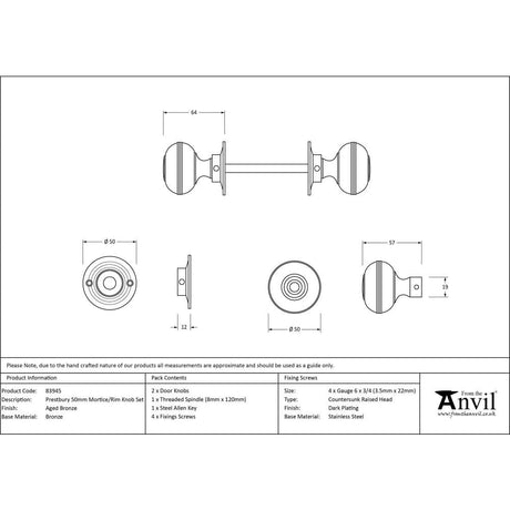 From The Anvil Door Furniture Aged Bronze / Mortice/Rim Knobs From The Anvil - Aged Bronze 50mm Prestbury Mortice/Rim Knob Set