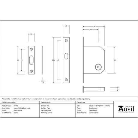 From The Anvil Locks & Latches Aged Bronze / Sliding Door Locks From The Anvil - Aged Bronze 50mm Sliding Door Lock