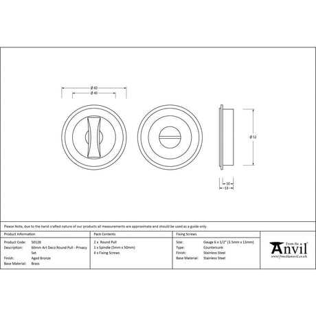 From The Anvil Door Furniture Aged Bronze / Round Flush Pull (Privacy) / Round From The Anvil - Aged Bronze 60mm Art Deco Round Pull - Privacy Set