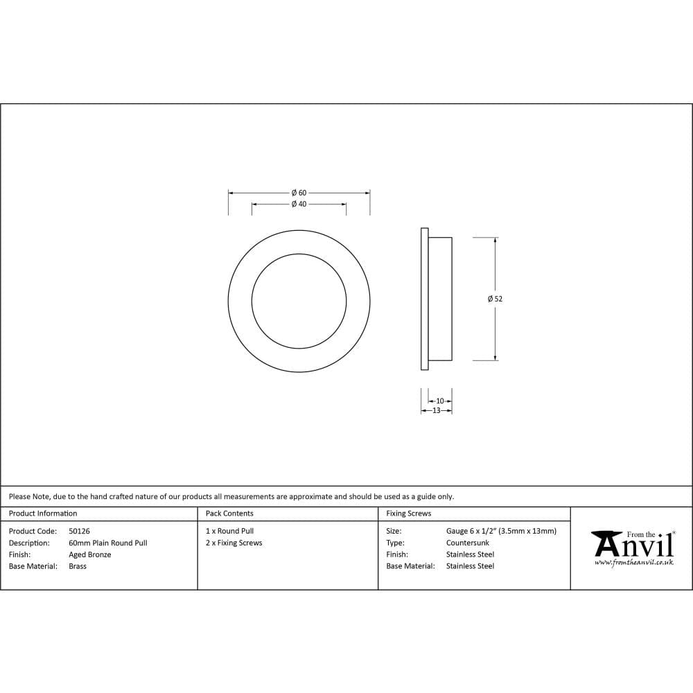 From The Anvil Door Furniture Aged Bronze / Flush Handle / Round From The Anvil - Aged Bronze 60mm Plain Round Pull