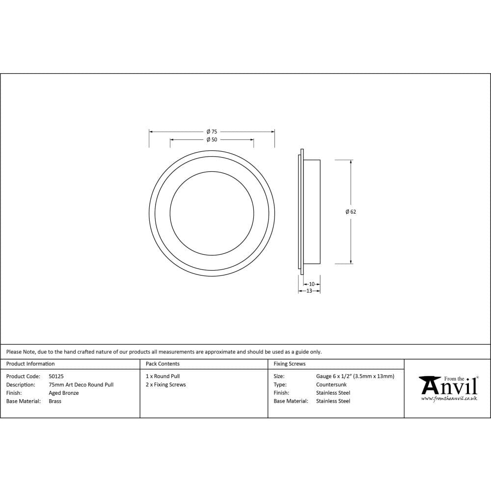 From The Anvil Door Furniture Aged Bronze / Flush Handle / Round From The Anvil - Aged Bronze 75mm Art Deco Round Pull