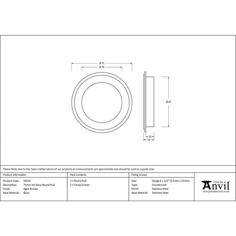 From The Anvil Door Furniture Aged Bronze / Flush Handle / Round From The Anvil - Aged Bronze 75mm Art Deco Round Pull