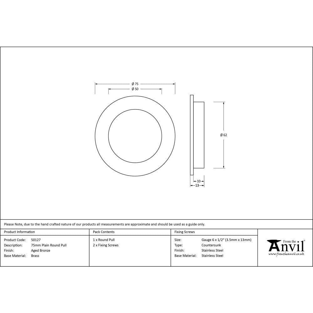 From The Anvil Door Furniture Aged Bronze / Flush Handle / Round From The Anvil - Aged Bronze 75mm Plain Round Pull