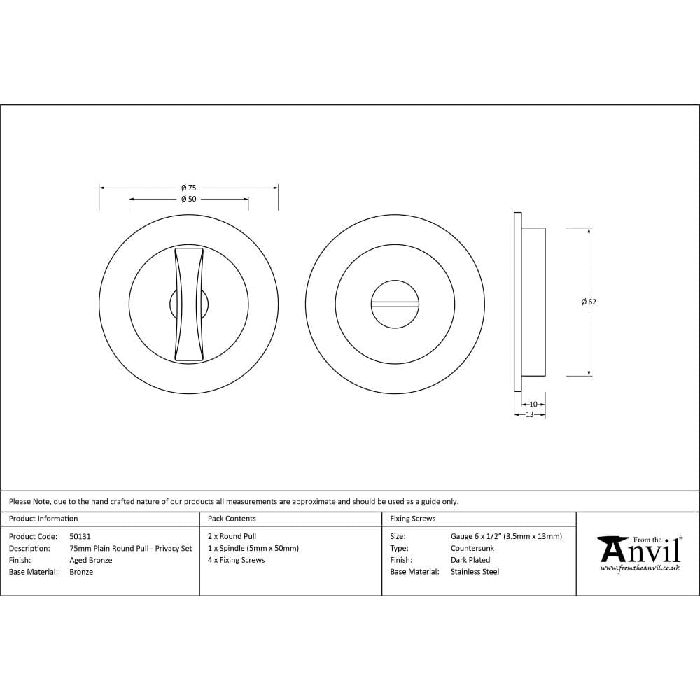 From The Anvil Door Furniture Aged Bronze / Round Flush Pull (Privacy) / Round From The Anvil - Aged Bronze 75mm Plain Round Pull - Privacy Set