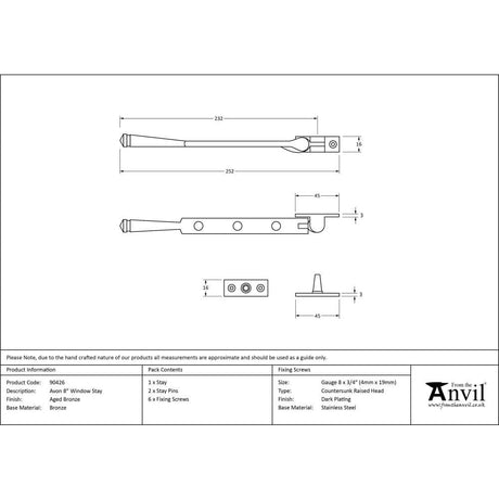 From The Anvil Window Furniture Aged Bronze / 8"/200mm From The Anvil - Aged Bronze 8" Avon Stay