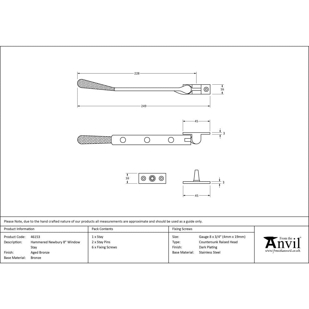 From The Anvil Window Furniture Aged Bronze / 8"/200mm From The Anvil - Aged Bronze 8" Hammered Newbury Stay