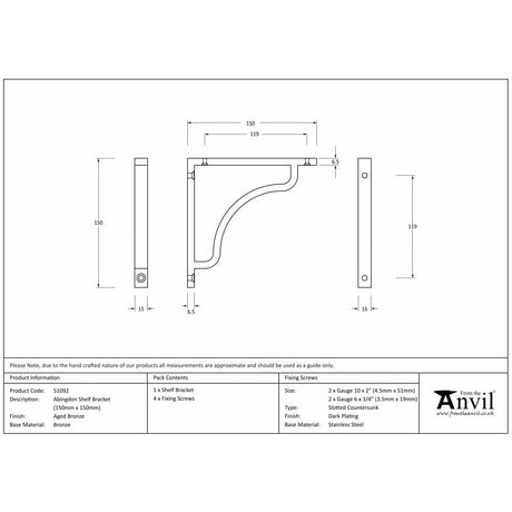 From The Anvil Accessories Aged Bronze / Shelf Brackets / 150 x 150mm From The Anvil - Aged Bronze Abingdon Shelf Bracket (150mm x 150mm)