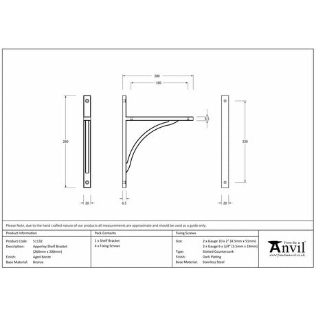 From The Anvil Accessories Aged Bronze / Shelf Brackets / 260 x 200mm From The Anvil - Aged Bronze Apperley Shelf Bracket (260mm x 200mm)