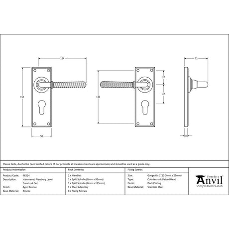From The Anvil Door Furniture Aged Bronze / Euro Profile Lock Handles From The Anvil - Aged Bronze Hammered Newbury Lever Euro Lock Set