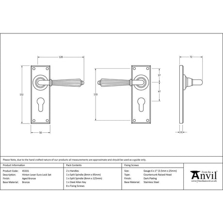 From The Anvil Door Furniture Aged Bronze / Euro Profile Lock Handles From The Anvil - Aged Bronze Hinton Lever Euro Lock Set