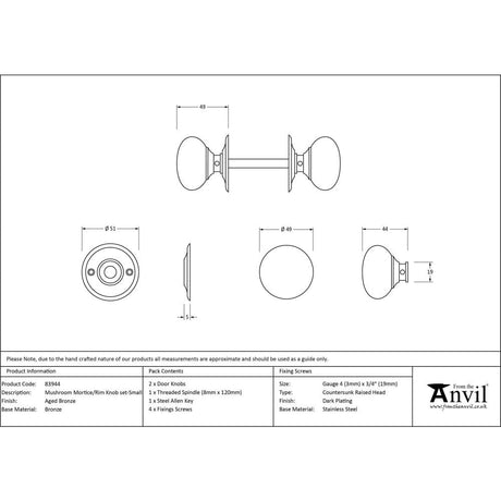 From The Anvil Door Furniture Aged Bronze / Mortice/Rim Knobs From The Anvil - Aged Bronze Mushroom Mortice/Rim Knob Set