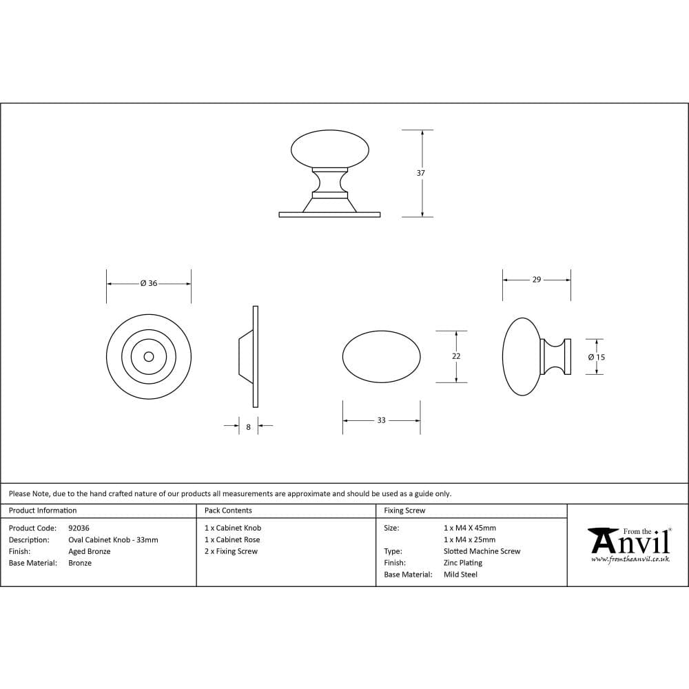 From The Anvil Cabinet Hardware Aged Bronze / Cabinet Knobs / 33mm Dia. From The Anvil - Aged Bronze Oval Cabinet Knob 33mm
