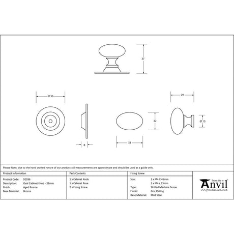From The Anvil Cabinet Hardware Aged Bronze / Cabinet Knobs / 33mm Dia. From The Anvil - Aged Bronze Oval Cabinet Knob 33mm