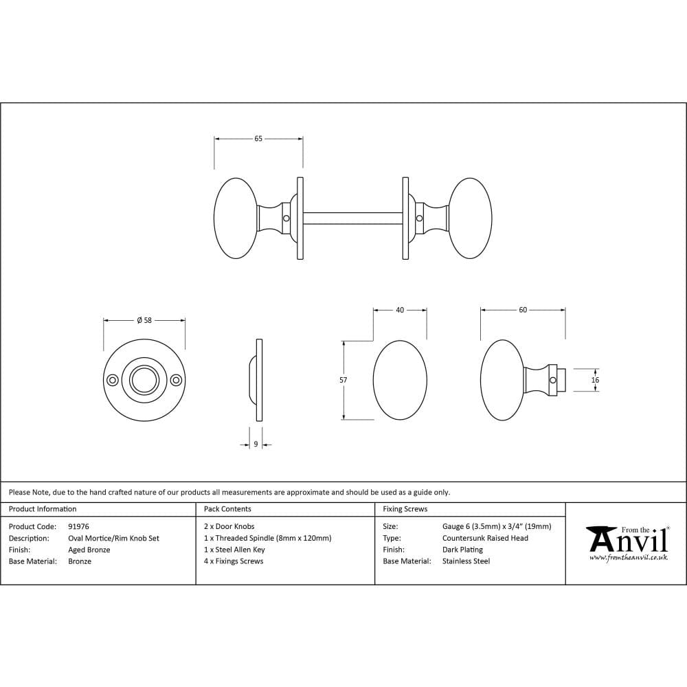 From The Anvil Door Furniture Aged Bronze / Mortice/Rim Knobs From The Anvil - Aged Bronze Oval Mortice/Rim Knob Set