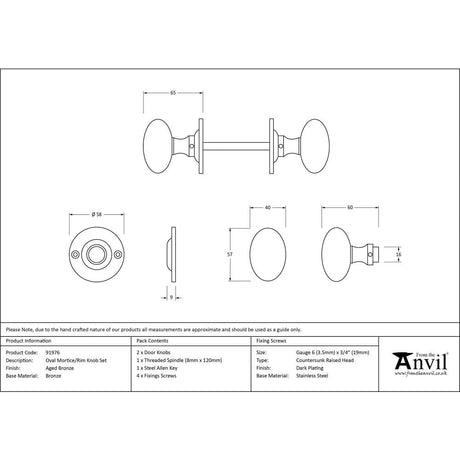 From The Anvil Door Furniture Aged Bronze / Mortice/Rim Knobs From The Anvil - Aged Bronze Oval Mortice/Rim Knob Set