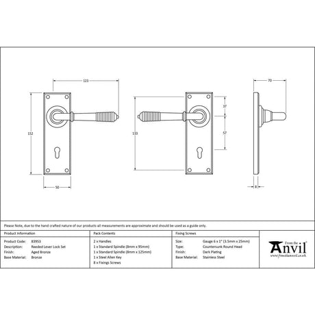 From The Anvil Door Furniture Aged Bronze / Std. Lock Handles From The Anvil - Aged Bronze Reeded Lever Lock Set