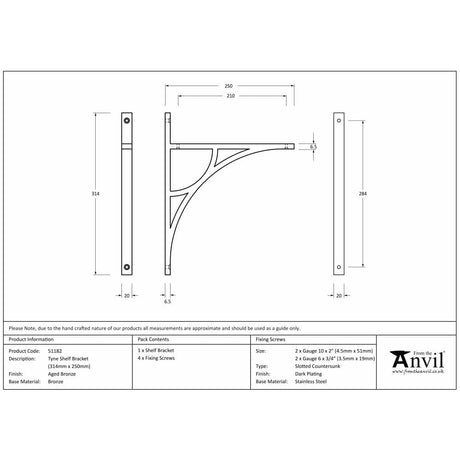 From The Anvil Accessories Aged Bronze / Shelf Brackets / 314 x 250mm From The Anvil - Aged Bronze Tyne Shelf Bracket (314mm x 250mm)