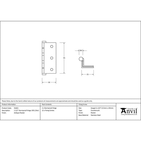 From The Anvil Hinges Antique Pewter / Stormproof Hinges / 2.5" (64mm) From The Anvil - Antique Pewter 2ÃƒÆ’Ã¢â‚¬Å¡Ãƒâ€šÃ‚Â½" Stormproof Hinge 1951 (pair)