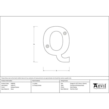 From The Anvil Door Furniture Antique Pewter / Letters / Q From The Anvil - Antique Pewter Letter Q