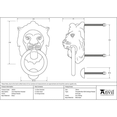 From The Anvil Door Furniture Antique Pewter / Lion Door Knocker From The Anvil - Antique Pewter Lion Head Door Knocker