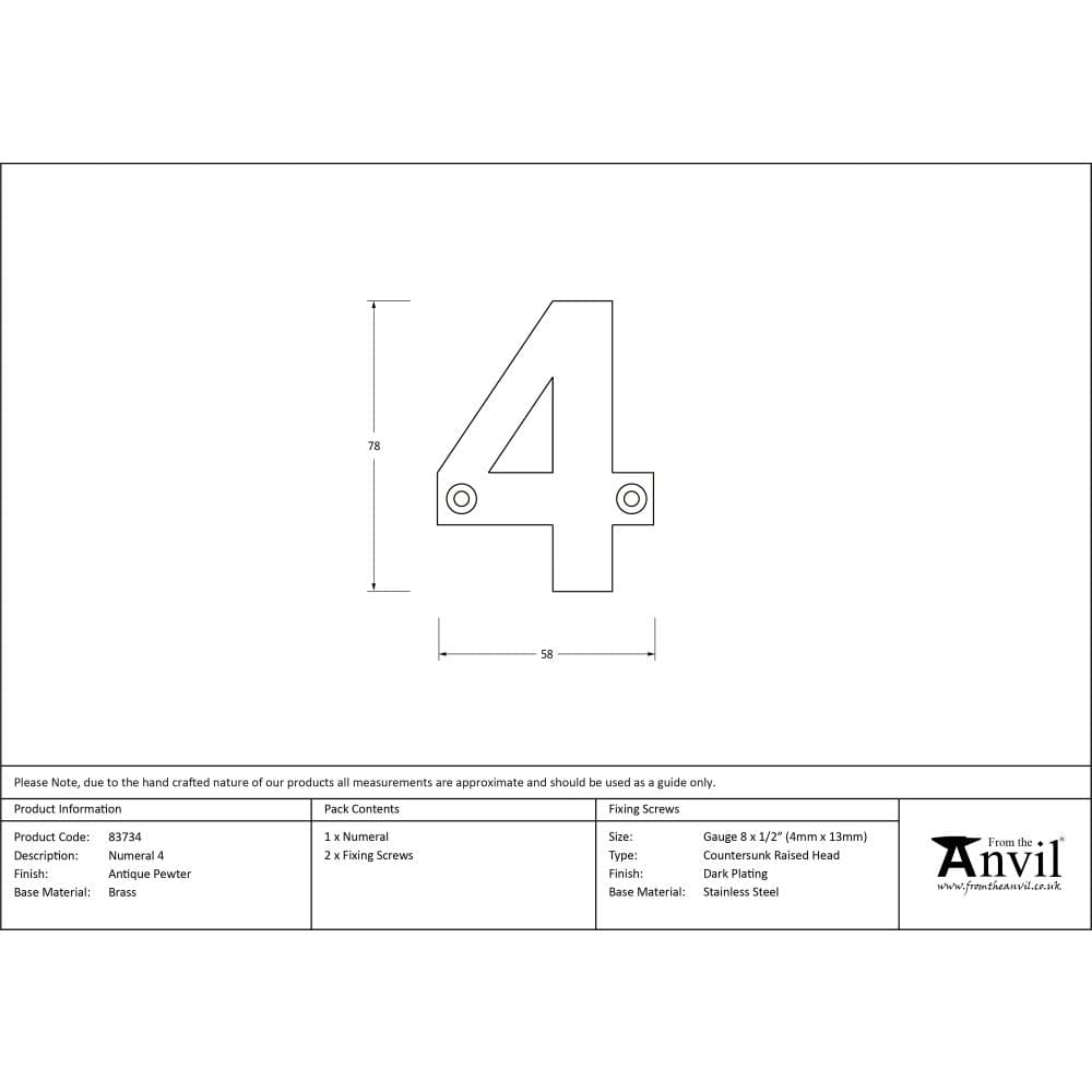 From The Anvil Door Furniture Antique Pewter / Numerals / 4 From The Anvil - Antique Pewter Numeral 4