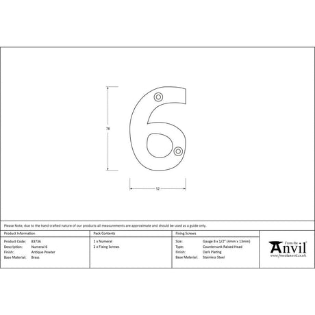 From The Anvil Door Furniture Antique Pewter / Numerals / 6 From The Anvil - Antique Pewter Numeral 6