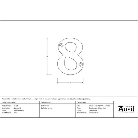 From The Anvil Door Furniture Antique Pewter / Numerals / 8 From The Anvil - Antique Pewter Numeral 8