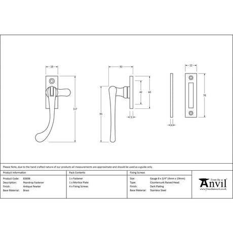From The Anvil Window Furniture Antique Pewter / No / Mortice & Hook Place From The Anvil - Antique Pewter Peardrop Fastener