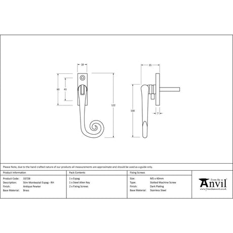 From The Anvil Window Furniture Antique Pewter / Right Hand / Yes From The Anvil - Antique Pewter Slim Monkeytail Espag - RH