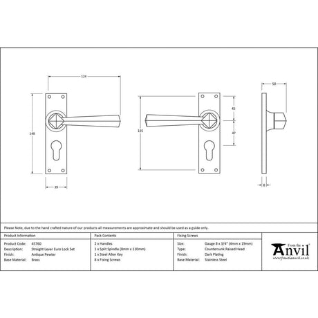 From The Anvil Door Furniture Antique Pewter / Euro Profile Lock Handles From The Anvil - Antique Pewter Straight Lever Euro Lock Set