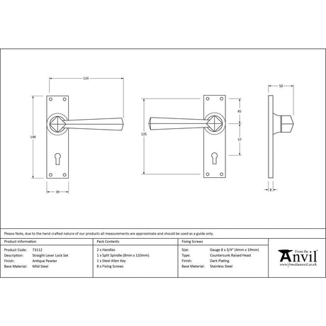 From The Anvil Door Furniture Antique Pewter / Std. Lock Handles From The Anvil - Antique Pewter Straight Lever Lock Set